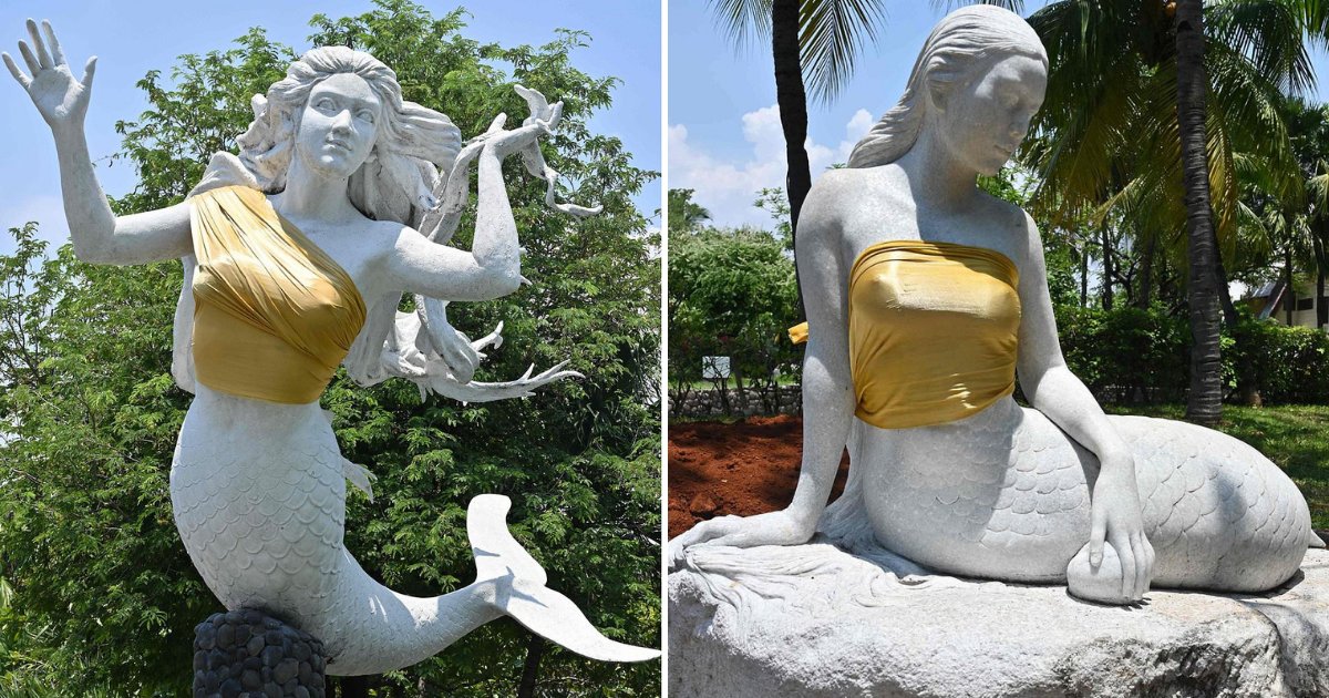 mermaids2.png?resize=412,232 - Voici la raison pour laquelle ces statues de sirène à la poitrine nue sont recouvertes de tissus dorés