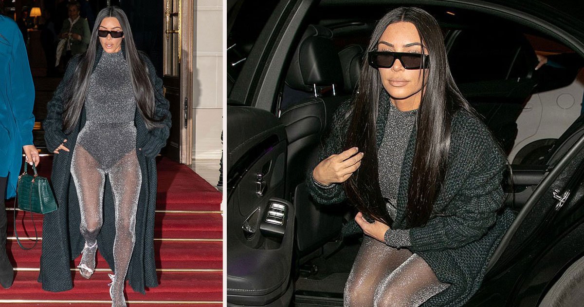 untitled 1 71.jpg?resize=1200,630 - Kim Kardashian Appeared In Sparkling Gray Unitard As She Headed Out For Dinner In Paris