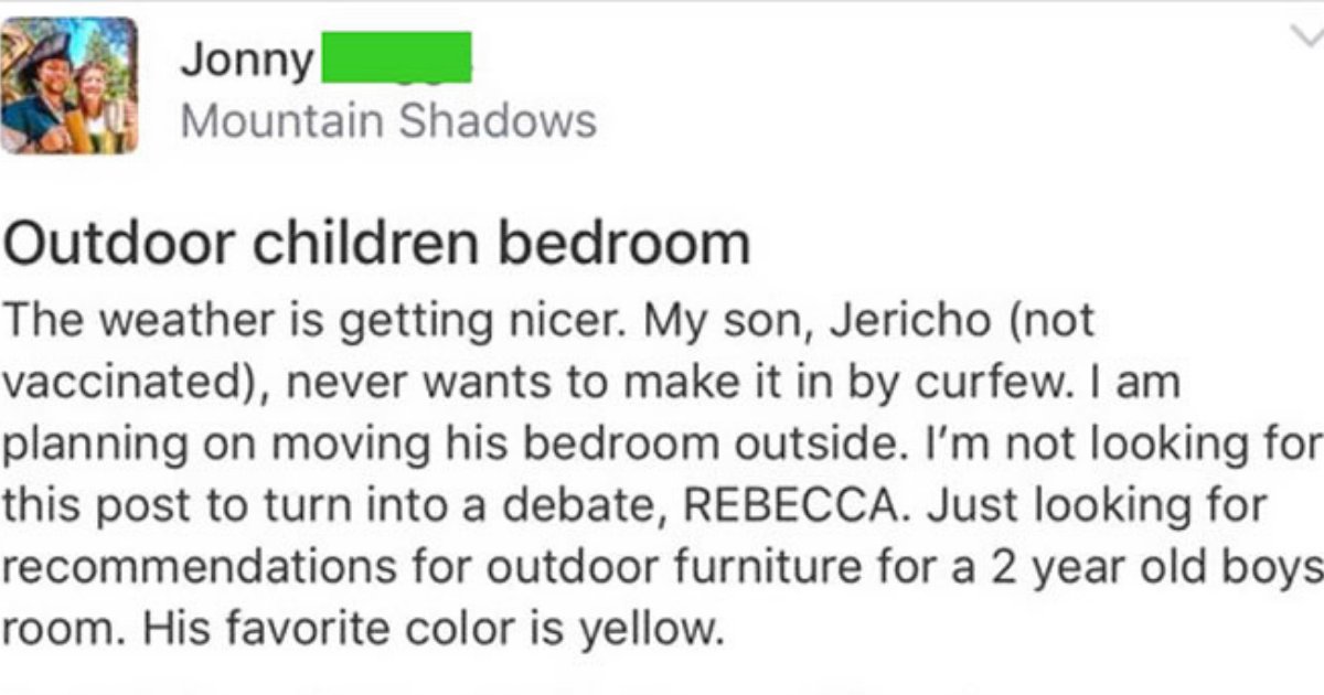 untitled design 36.png?resize=412,232 - Anti-Vaxx Mom Asks Parents For Advice On Building 'Outside Bedroom' For Her Toddler