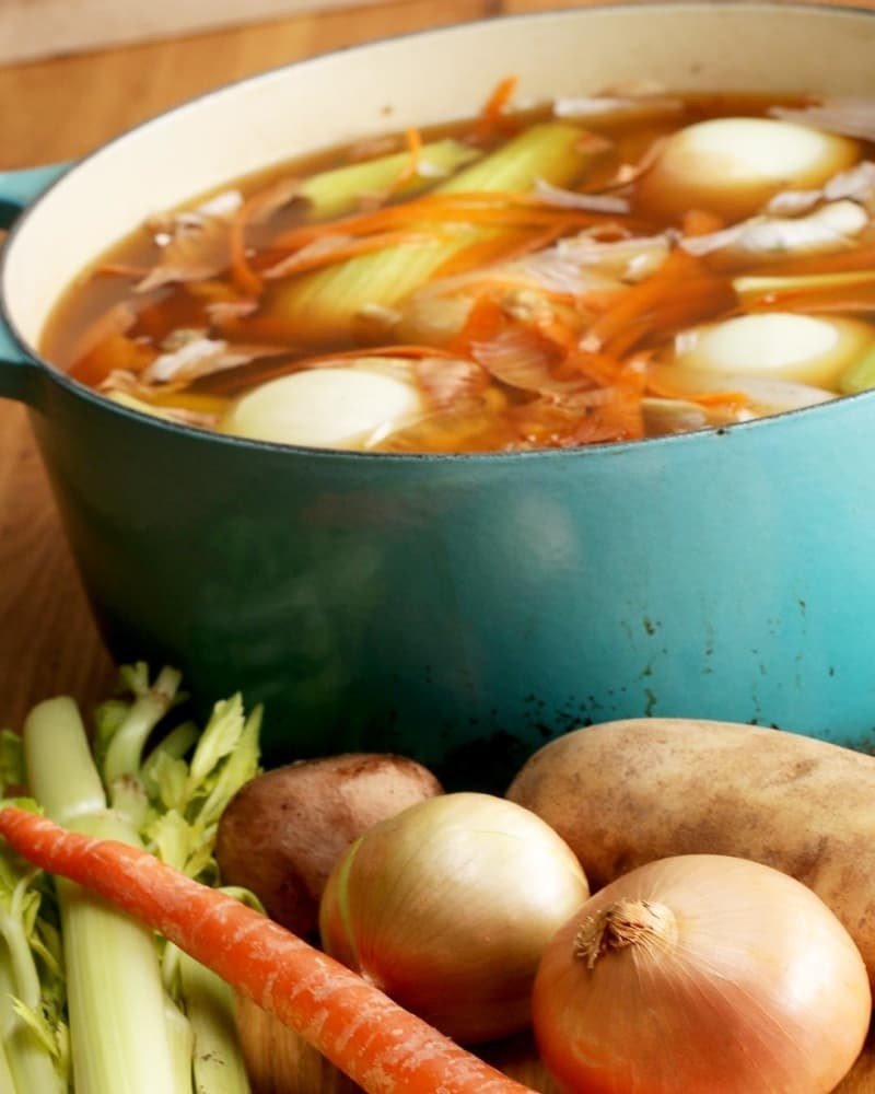 Collect onion skins and ends; carrot shavings, celery tops and bottoms; garlic tops, bottoms and skins; and more in your freezer, then when you have enough of everything, dump it in a pot with some water, and watch it simmer its way into stock in just half an hour. Here&#x27;s Tasty&#x27;s veggie stock recipe.