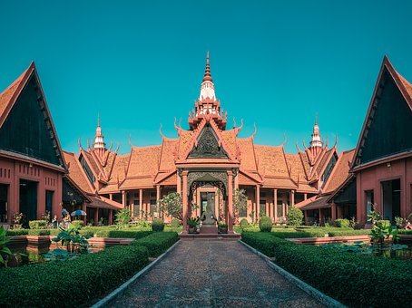 캄보디아, 프놈펜, 국립 박물관, 박물관, 마당, 오후, 스카이, 색