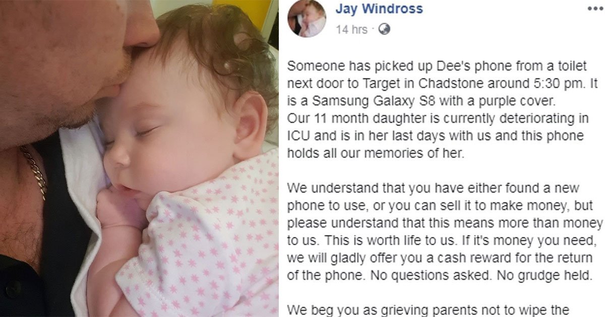 father appealed to thief to return his wifes stolen mobile as the device contains all the memories of terminally ill baby girl.jpg?resize=1200,630 - Father Of A Terminally Ill Baby Appealed To Thief To Return His Wife’s Stolen Phone As The Device Contains 'All Their Memories'