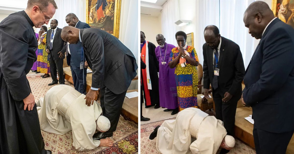 featured image 35.png?resize=1200,630 - Le pape François s'est agenouillé pour embrasser les pieds des dirigeants rivaux du Sud-Soudan et les exhorte à maintenir la paix