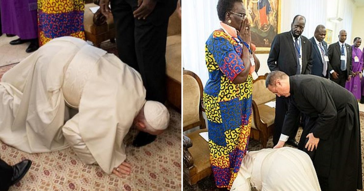 pope5.png?resize=1200,630 - Le pape François s'est agenouillé et a embrassé les pieds des leaders rivaux du Soudan du Sud en les suppliant d'éviter une autre guerre civile