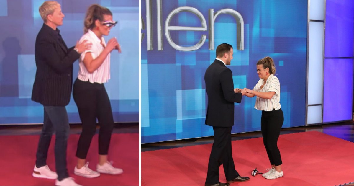 d4 1.png?resize=412,275 - Woman Gets a Surprise Proposal When She Opens Her Blindfold During the Musical Chairs on 'Ellen'