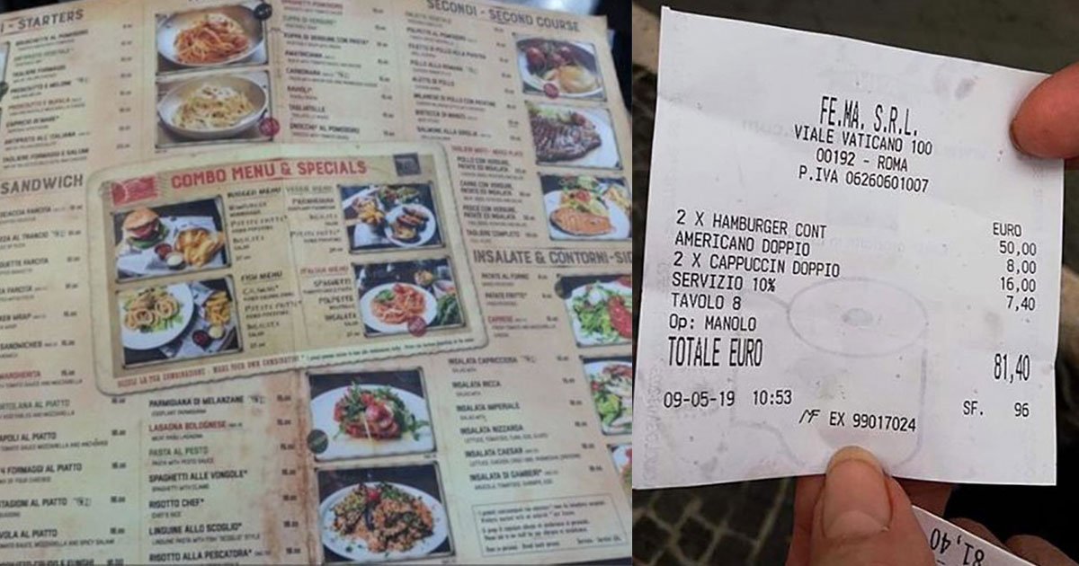 tourist slammed restaurant as they charged 70 for two burgers and three coffees.jpg?resize=1200,630 - A Tourist Slammed A Restaurant In Rome That Charged $90 For Two Burgers And Three Coffees