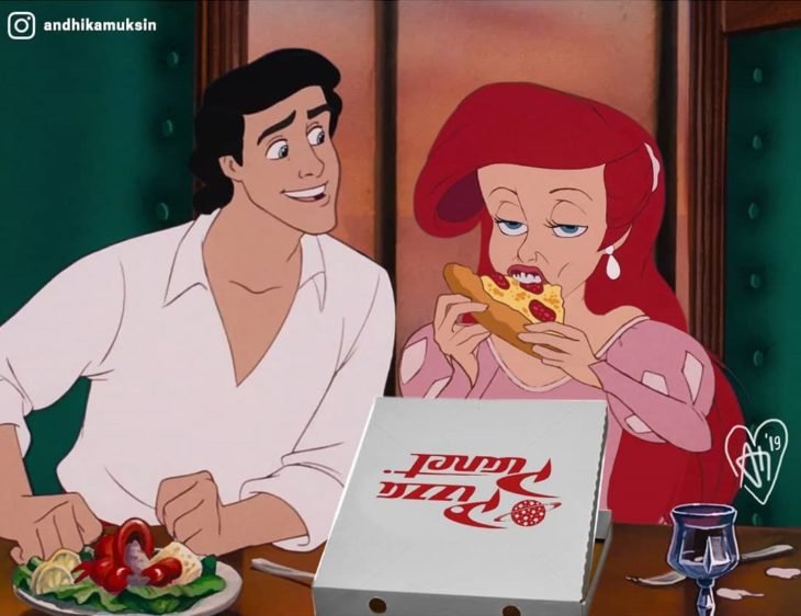 Artista Andhika Muksin recrea personajes Disney; Ariel y el príncipe Eric, de La Sirenita, comiendo pizza