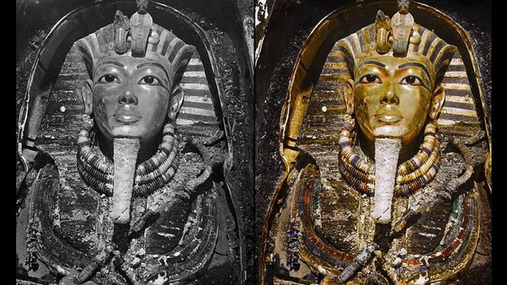 dos figuras egipcias una en blanco y negro la otra a color 