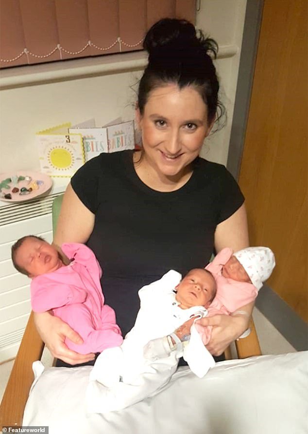 The tiny triplets,Â Elevyn, Rome and Areya, at 13 days old, with delighted new mother Jemma, who feared she would never have children