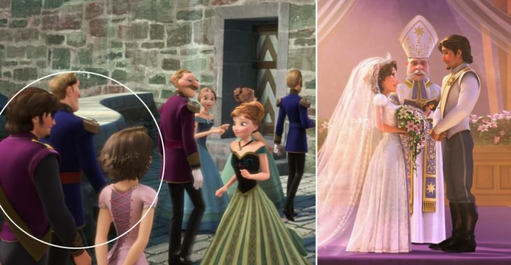 Rapunzel y Flynn en la escena de la coronación de Elsa en Frozen 