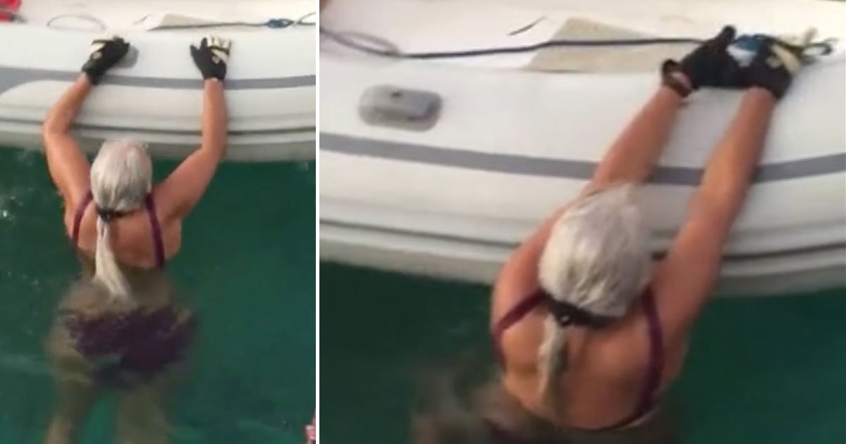woman get back boat.jpg?resize=412,275 - Elderly Woman Showed How To Get Back Into A Boat If You Fall Out Of It