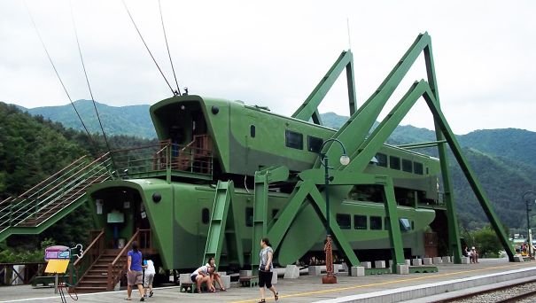 Grasshopper-Shaped Locomotives Stacked On Top Of Each To Create A Diner In South Korean