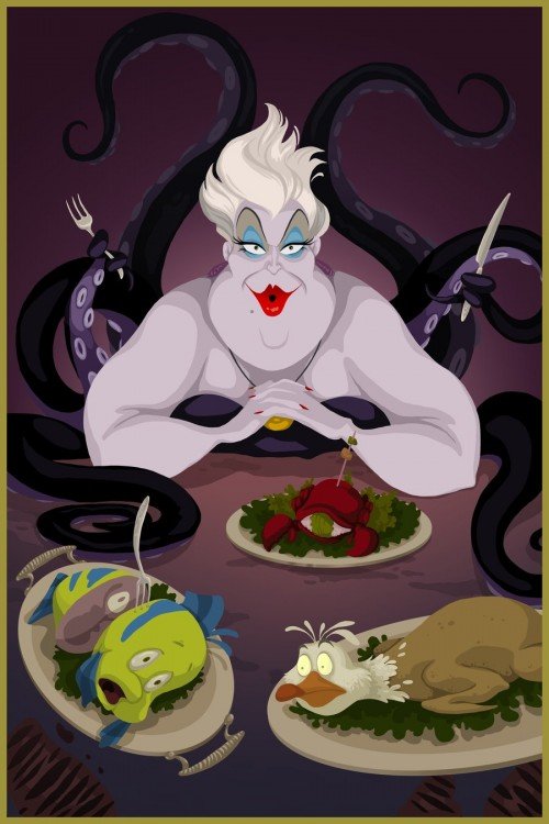 úrsula de la sirenita con Flounder, Sebastián y la gaviota en unos platos de comida 