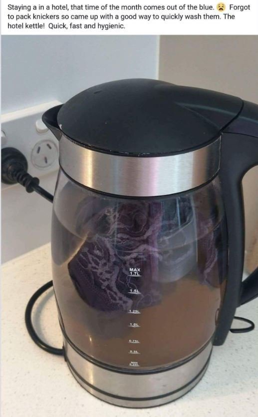  A stomach-churning photo shows a kettle boiling with a pair of dirty knickers in the water