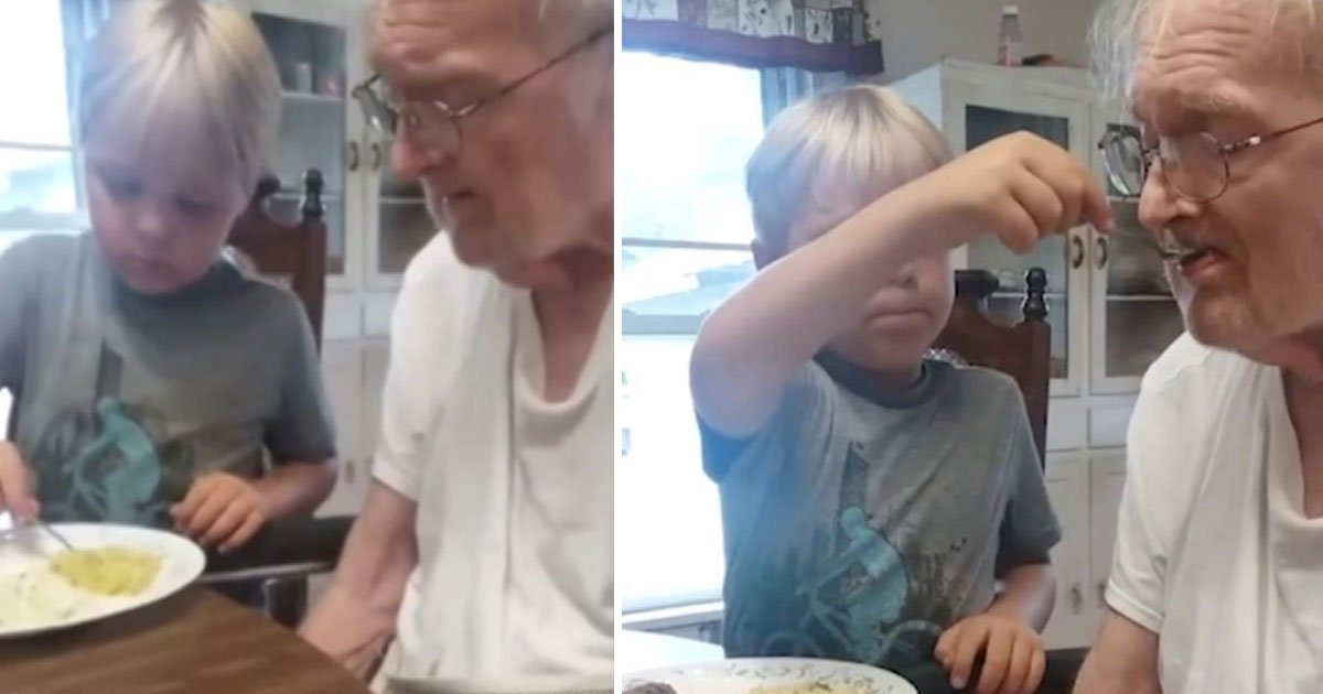 boy feeds great granddad.jpg?resize=1200,630 - Un garçon de 6 ans nourrit son arrière-grand-père de 79 ans atteint de la maladie d'Alzheimer