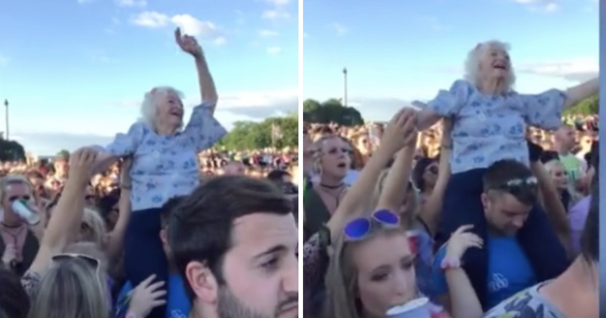 d6 2.png?resize=412,275 - Video Shows Old Age Woman Enjoying at TRNSMT Music Festival ON A Young Man's Shoulder