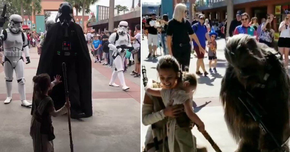 featured image 54.jpg?resize=1200,630 - Une petite fille habillée en Rey de Star Wars rencontre Darth Vador à Disney Land et décide de le combattre