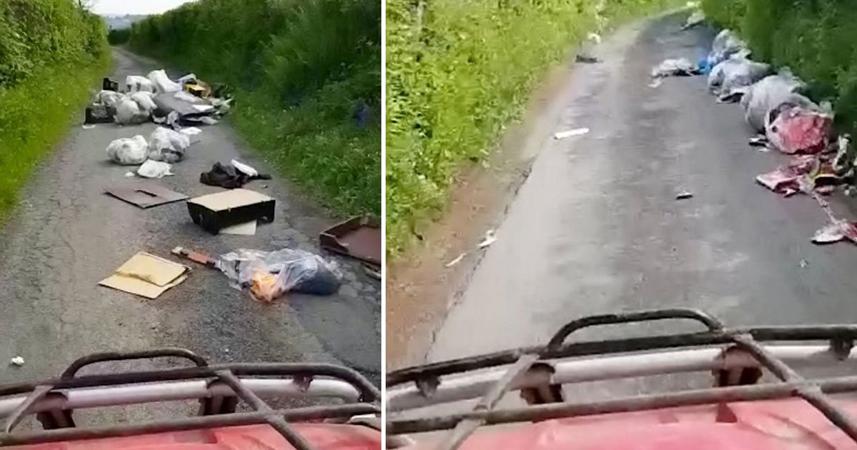 fly tipped rubbish road.jpg?resize=1200,630 - Un automobiliste a partagé une vidéo d'ordures éparpillées sur une route d'un kilomètre de long