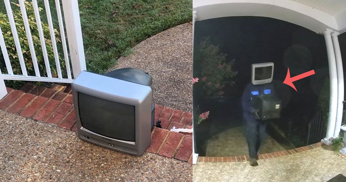 A Man Wearing A Tv Set On His Head Left Television Sets Outside Of