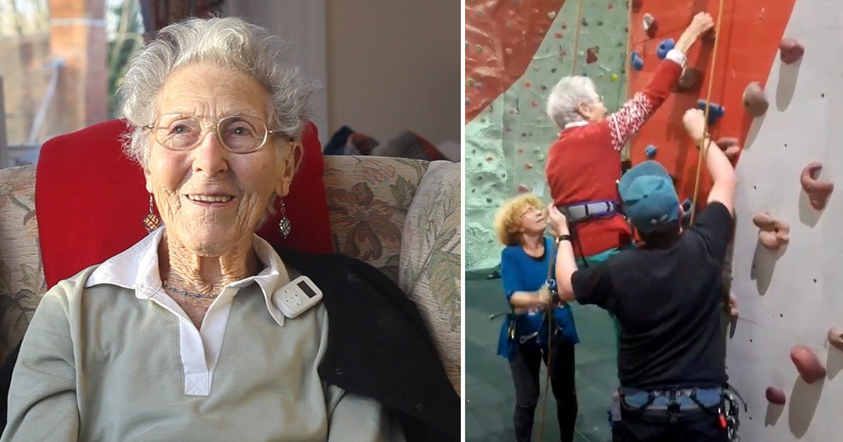 grandma climbed wall.jpg?resize=412,232 - 99-Year-Old Grandma Climbed To The Top Of A Rock-Climbing Wall