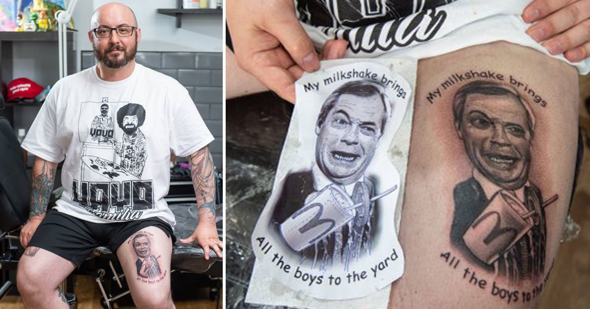 man nigel tattoo milkshake.jpg?resize=1200,630 - Man - Who Is Pro-UKIP But Anti-Brexit - Got A Tattoo Of Nigel Farage Being Pelted With A Milkshake