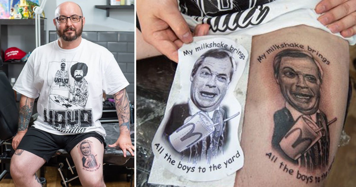 man nigel tattoo milkshake.jpg?resize=412,275 - Man - Who Is Pro-UKIP But Anti-Brexit - Got A Tattoo Of Nigel Farage Being Pelted With A Milkshake