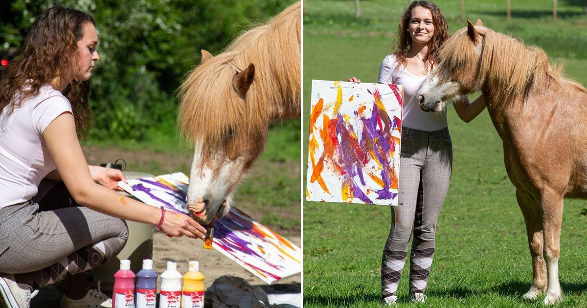 student teaching pony paint.jpg?resize=1200,630 - Une étudiante en art a appris à un poney comment peindre et il a maintenant terminé quatre œuvres pour elle