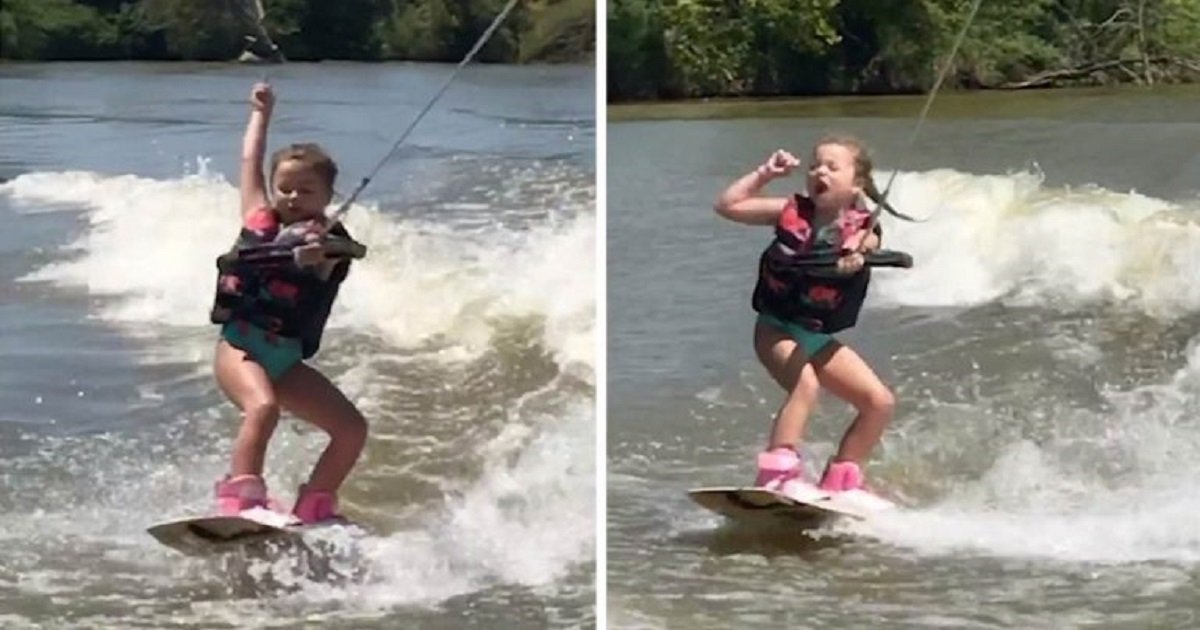 w3 3.jpg?resize=1200,630 - Une fillette de six ans exécute des mouvements de danse sur son wakeboard