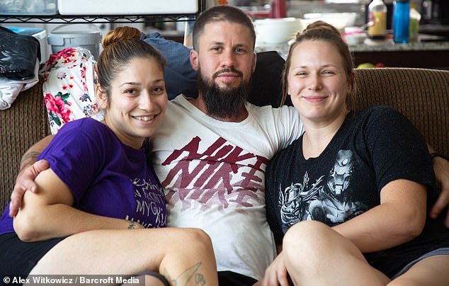 Polyamorous: Colorado-based throuple (L-R) Keila Perez and Matt and Ashley Lawrence live together with their eight kids and Ashley