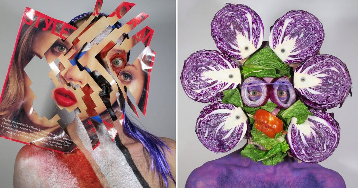 artist food stuck face.jpg?resize=1200,630 - Un artiste crée des autoportraits uniques en collant des objets du quotidien sur son visage