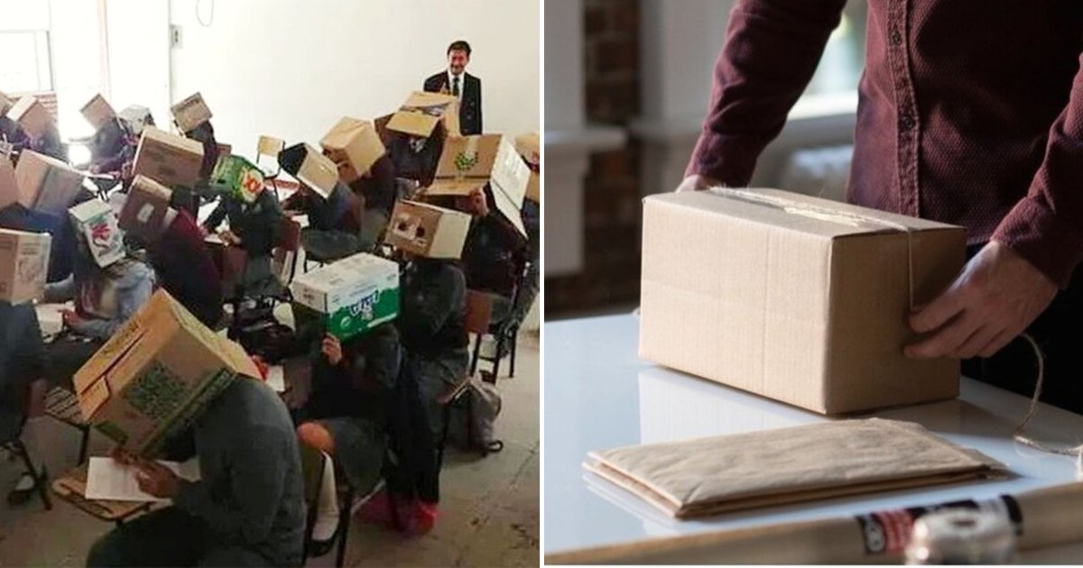 cardboard5.png?resize=1200,630 - Pour ne pas que ses élèves trichent pendant un examen, il leur met un carton sur la tête