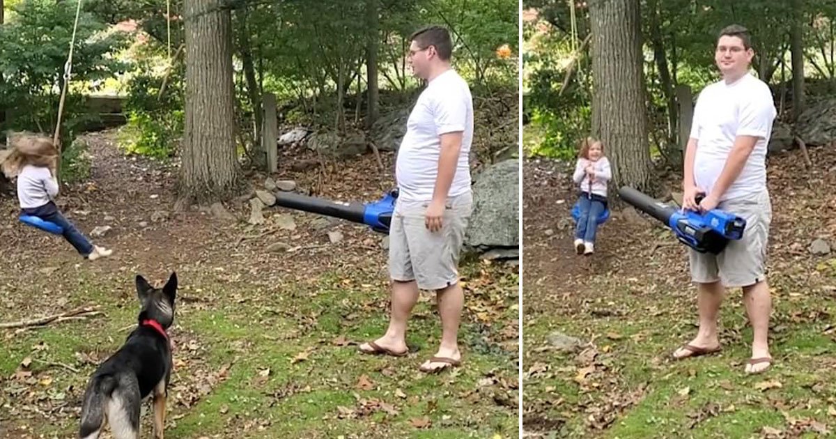 father leaf blower daughter rope swing.jpg?resize=1200,630 - Un père a utilisé un souffleur à feuilles pour pousser sa fille de cinq ans sur la balançoire