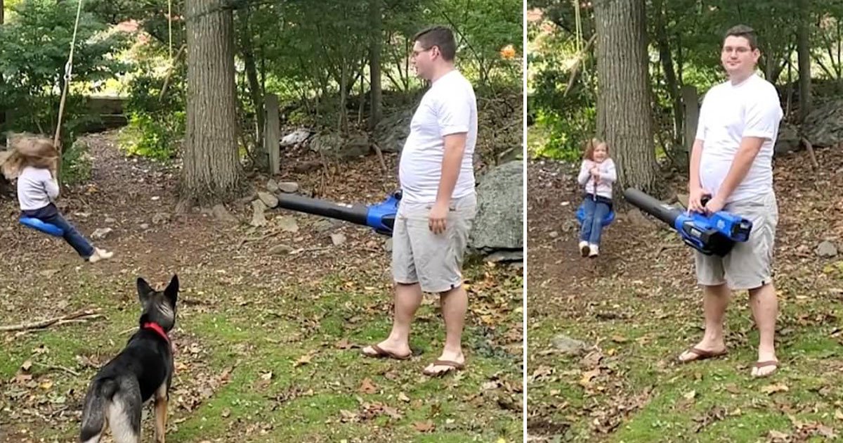 father leaf blower daughter rope swing.jpg?resize=412,275 - Father Used A Leaf Blower To Push His Five-Year-Old Daughter On A Rope Swing