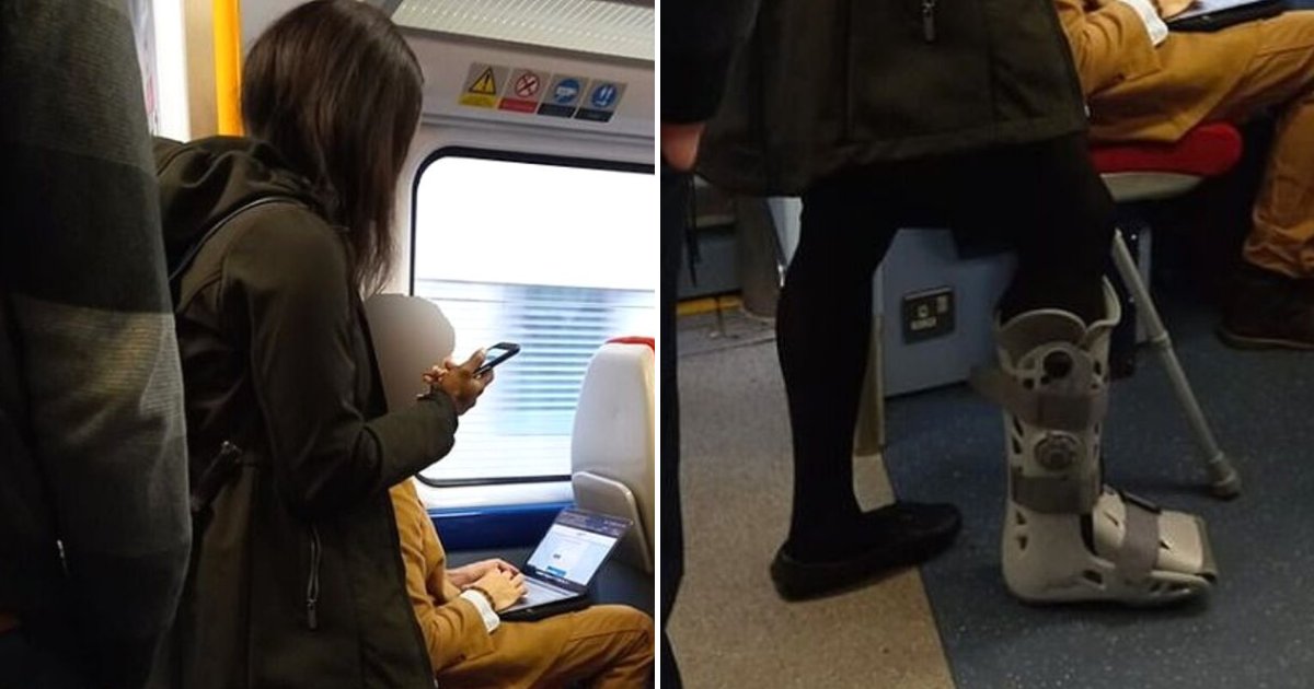 train2.png?resize=1200,630 - People Outraged As 'Selfish' Commuter Lets Woman On Crutches Stand While He Uses His Laptop