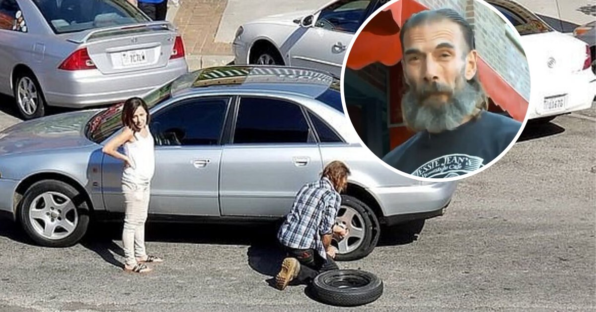 untitled design 63.png?resize=1200,630 - Homeless Man Caught On Camera Changing Woman's Flat Tire