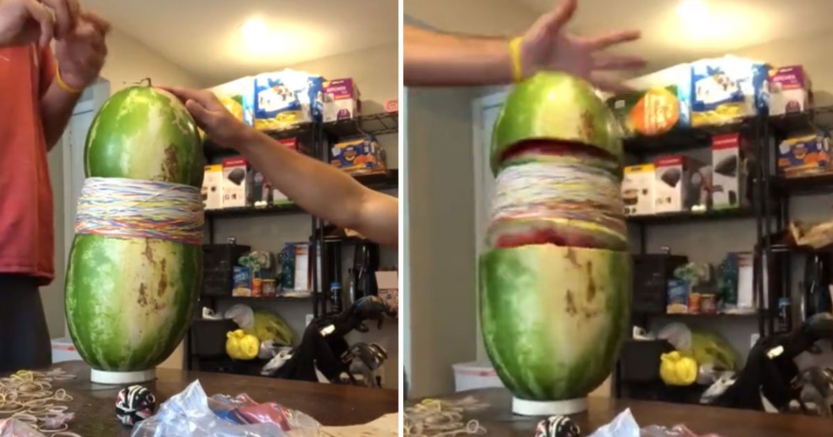watermelon rubber band trick.jpg?resize=1200,630 - Deux hommes ont explosé une pastèque en utilisant uniquement des élastiques