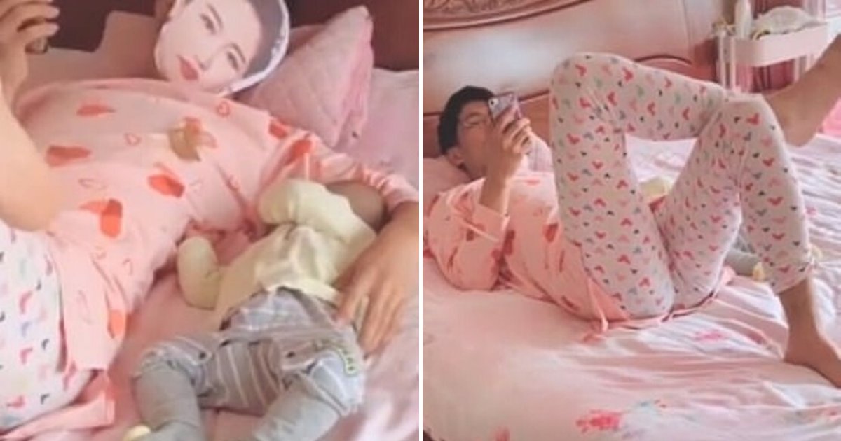 dad5.png?resize=412,232 - Dad Wears His Wife's Pajamas And Picture Of Her Face To Stop Their Baby From Crying