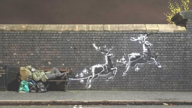 banksy 1.jpg?resize=1200,630 - La nouvelle œuvre de l’artiste Banksy sensibilise à la précarité des sans-abris pendant les fêtes de fin d'année