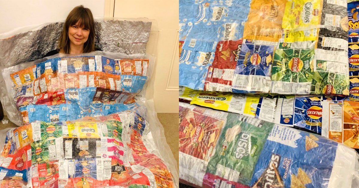this woman makes sleeping bags for the homeless people out of the crisp packets.jpg?resize=1200,630 - A Woman Turned Crisp Packets Into Sleeping Bags For The Homeless