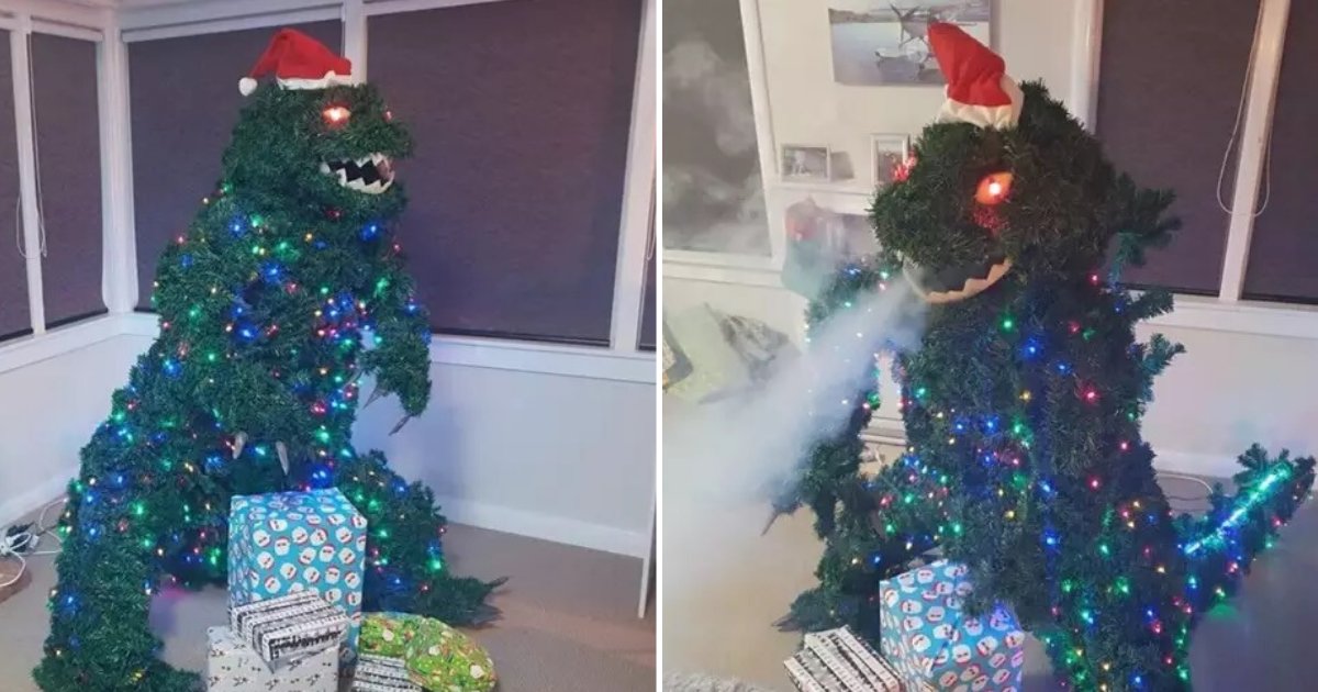 untitled design 12 1.png?resize=1200,630 - Man Created A Godzilla Christmas Tree That Breathes Smoke