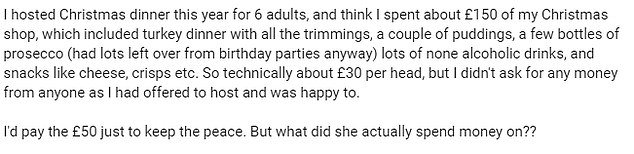 Une autre a raconté comment elle avait accueilli six adultes et dépensé environ 150 £ - alors interrogée sur le lieu où l'argent a été dépensé