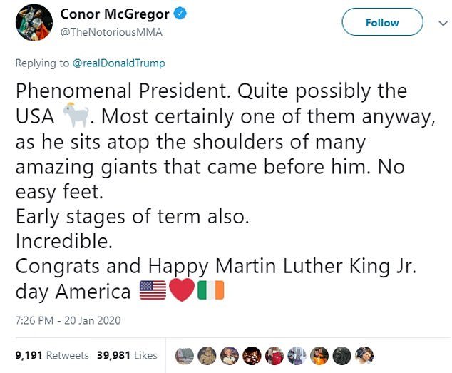 The Ultimate Fighting Championship fighter took to Twitter on Monday as Trump celebrated his three-year anniversary since being sworn into office