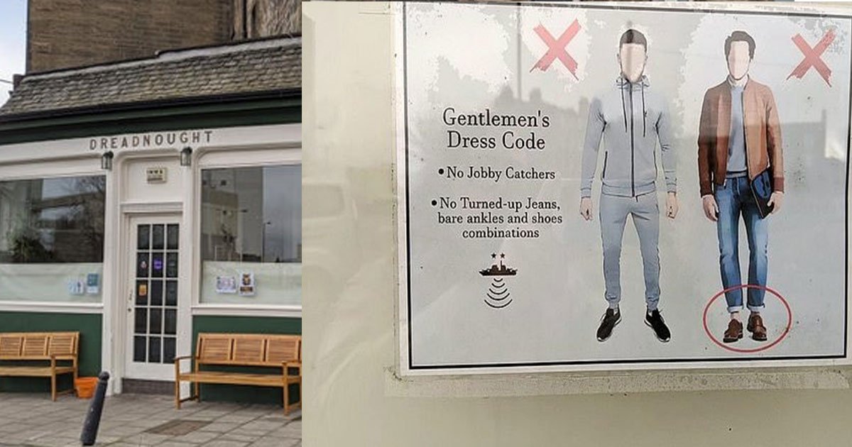 a pub banned grey tracksuits and outfits that show off mens bare ankles.jpg?resize=412,232 - A Pub Put Up A Dress Code That Banned Tracksuit Bottoms And Shoes With No Socks