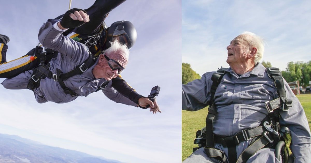 double amputee air force veteran went skydiving in lake elsinore to celebrate his 90th birthday.jpg?resize=412,275 - Double-Amputee Veteran Went Skydiving To Celebrate His 90th Birthday