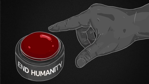 A finger hovering over a end humanity big red button