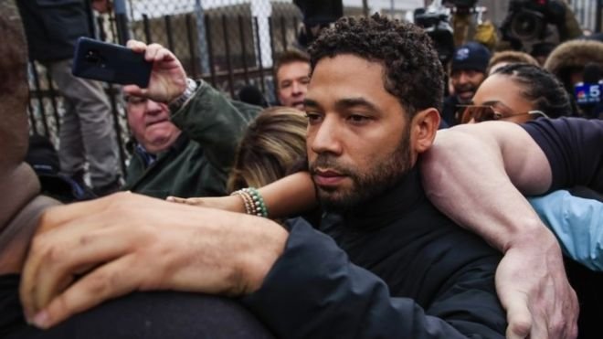 Jussie Smollett emerges from the Cook County Court complex in Chicago 21 February 2019