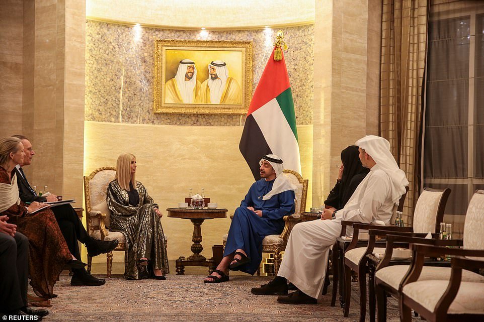The 38-year-old is pictured meeting Abu Dhabi Crown Prince Sheikh Mohammed bin Zayed al-Nahyan (in blue)