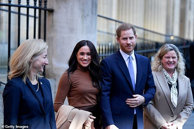 Harry and Meghan standing with the High Commissioner for Canada in the UK, Janice Charette (right) and the deputy High Commissioner, Sarah Fountain Smith (left), after their visit to Canada House in thanks for the warm Canadian hospitality they received during their recent stay in January 2020