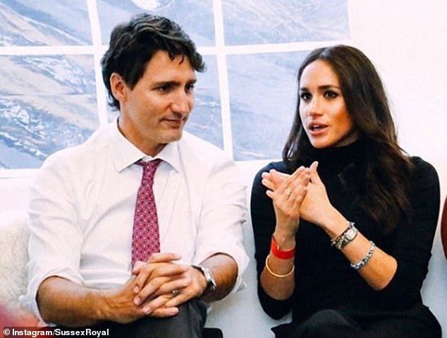 The Duchess of Sussex, then Meghan Markle, speaks to Canadian Prime Minister Justin Trudeau at the One Young World summit in Ottowa in September 2016. Mr Trudeau previously said that any security arrangements for the couple would be confidential