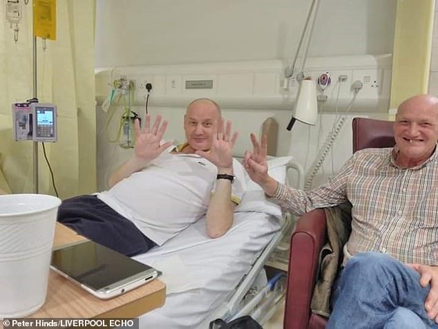 To make things easier for his family Peter (pictured with a friend during treatment) reserved a plot next to his sister at a crematorium and chose the music for the funeral
